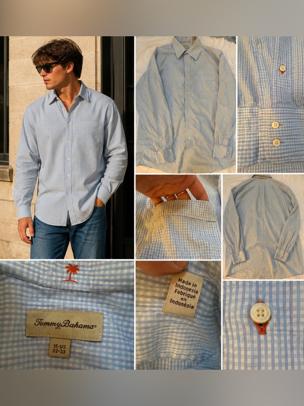 Tommy Bahama Men's 15.5 Light Blue Gingham Cotton Long Sleeve Shirt Classic Fit